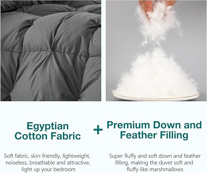 KAKABELL Pinch Pleat Goose Down Feathers Fiber Comforter Full/Queen Size All Season-Ultra Soft and Cozy Noiseless Duvet Insert with Egyptian Cotton Blend Cover,Fluffy Warm Comforter (Grey,90"X90")