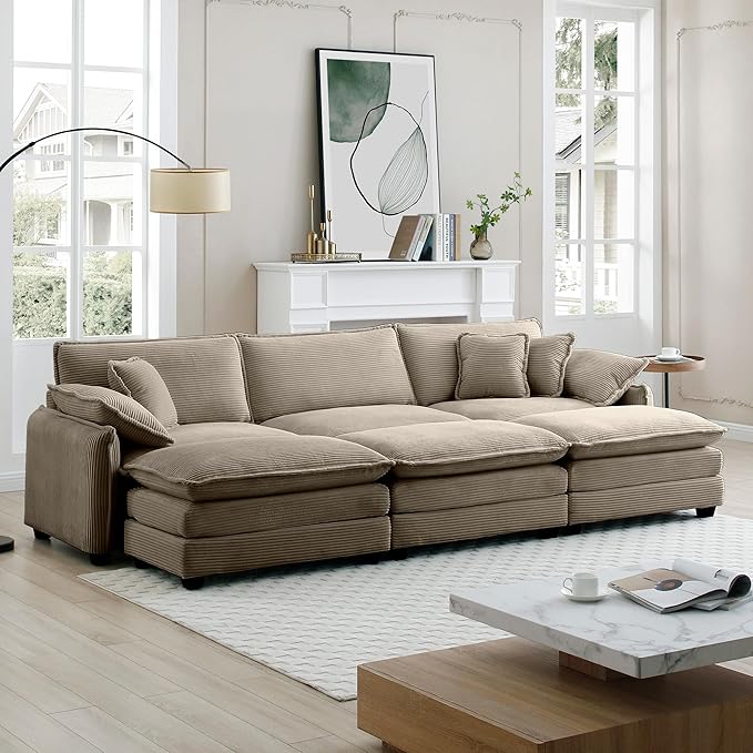 KEIKI 115" Oversized Corduroy Modular Sectional Sofa with 3 Ottoman, High-Density Foam Cushions, Removable Armrests, Upholstered 3-Seater Fluffy Corner Couch with 5 Pillow, for Living Room, Tan