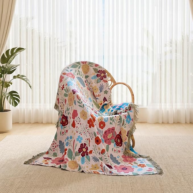 Boho Throw Blanket - 100% Cotton Soft Breathable Spring Throw Blankets, 60"x80" 4-Layer Lightweight Muslin Cotton Quilt, Floral Printed Bohemian Decor Throw Blankets for All Season