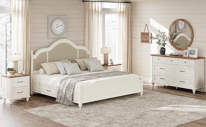 WAMPAT 2 Piece Bedroom Set - Includes 7 Drawer Dresser for Bedroom, Mid Century Nightstand with Charging Station & Drawers, 2 Piece Dresser and Nightstand Sets, Off White