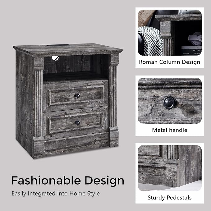26" Tall Farmhouse Nightstand Set of 2, 2 Drawers End Table w/Charging Station, 23.6" Wide Large Side Table w/Roman Column, Wood Rustic Sofa Table w/Open Shelf, Bedside Table for Bedroom, Light Gray - Image 5