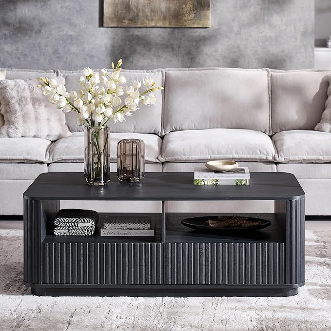 ACCOHOHO 51" Fluted Coffee Table with Storage, Large Modern Center Table with 2 Drawers, Rectangle Wood Coffee Table for Living Room