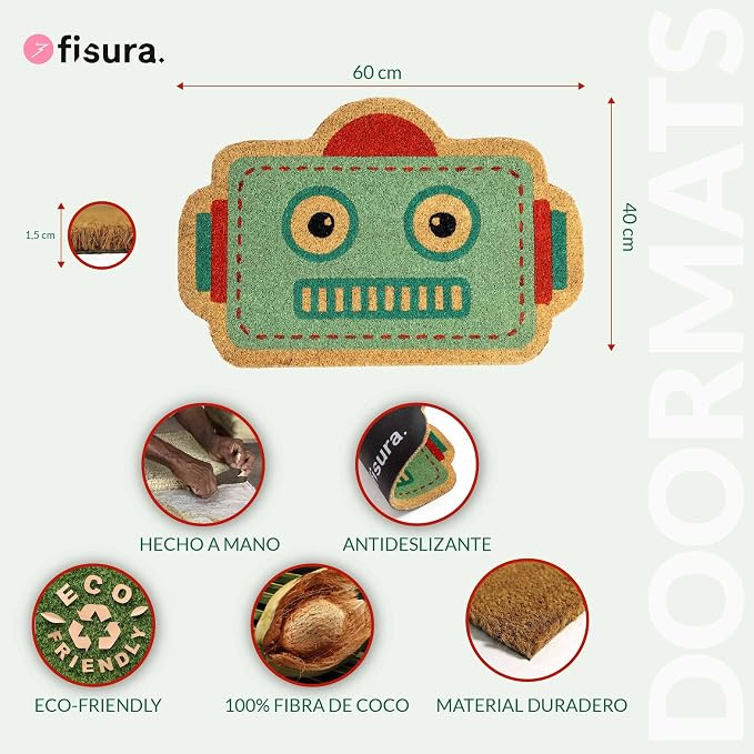 Fisura- Doormat Outdoor Entrance, Outdoor mats for Front Door, Welcome mat. Made of Coconut Fiber with Non-Slip PVC Base, Doormat Hand-Painted, 27,5 inch x 15,7 inch. (Robot, Blue) - Image 2