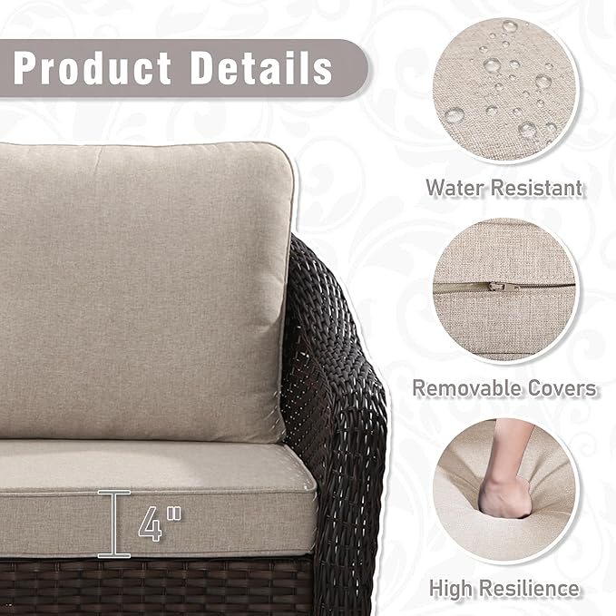 6 Piece Patio Wicker Conversation Set, All-Weather Use Outdoor Wicker Sofa with 2 PE Rattan Ottomans,2 Swivel Chair, 1 Side Table, Ideal for Porch, Backyard, Balcony, Poolside, Beige