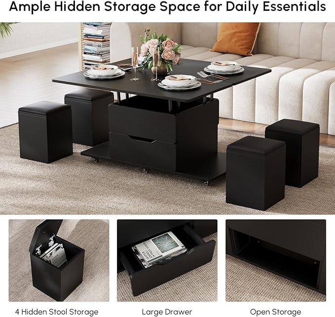 homary Coffee Table with Stools, Black 3-in-1 Modern Lift-Top Folding Center Table with Hidden Storage, Casters, and Lockable Wheels ¨C Convertible Dining & Office Table for Living Room