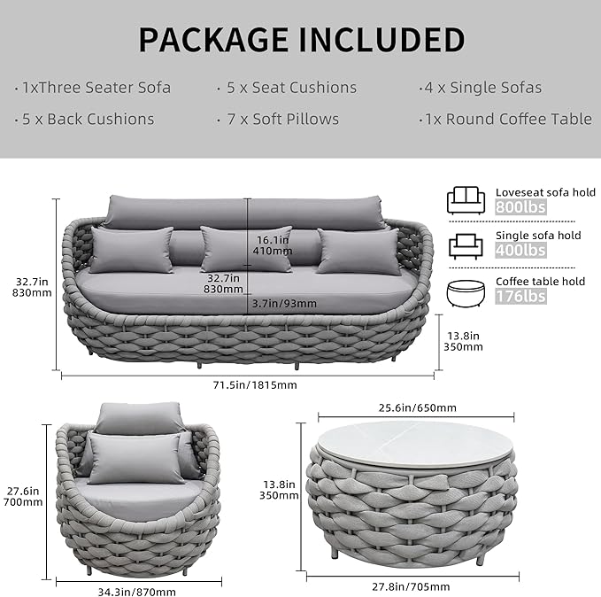 TWT 6-Piece Aluminum Patio Furniture Set, Modern Outdoor Conversation Set Sectional Sofa with Water Repellent Thick Cushions and Coffee Table for Balcony, Garden