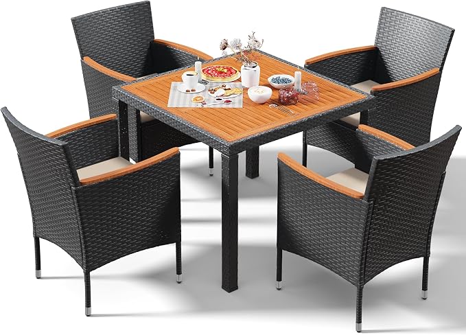 Devoko 5 PCS Furniture, Patio Conversation Set with Acacia Wood Top, Rattan Outdoor Dining Table and Chairs for Backyard, Garden, Deck, Black - Image 9