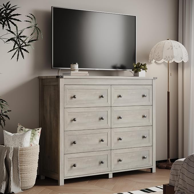 Dresser for Bedroom with 8 Drawers, Farmhouse Wood Chest of Drawers, Wide TV Stand Closet Storage Furniture with Metal Handle, Modern Clothes Organizer for Hallway, Living Room, Entryway, Light Grey - Image 6