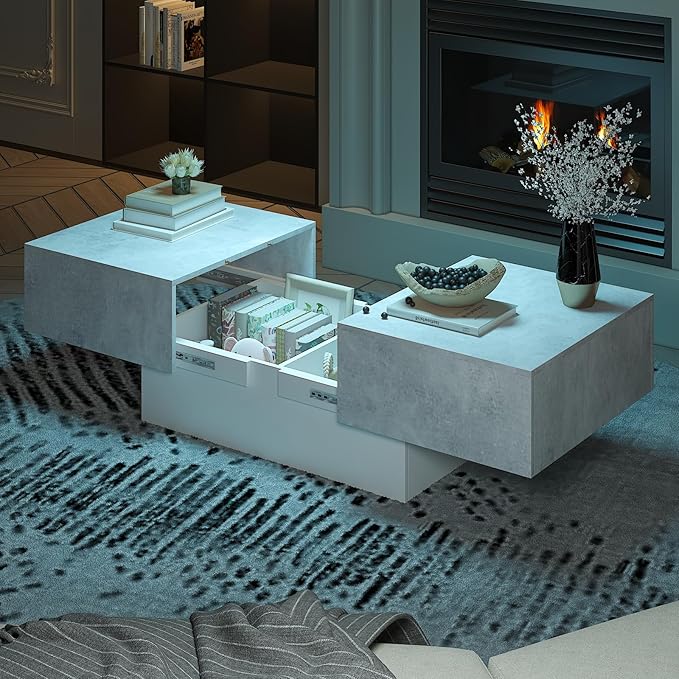 Modern Coffee Table with Storage for Living Room, Living Room Table Rectangular Center Tables, Sliding Top with Hidden Storage, Wooden Cocktail Table for Dining Reception Room, Grey