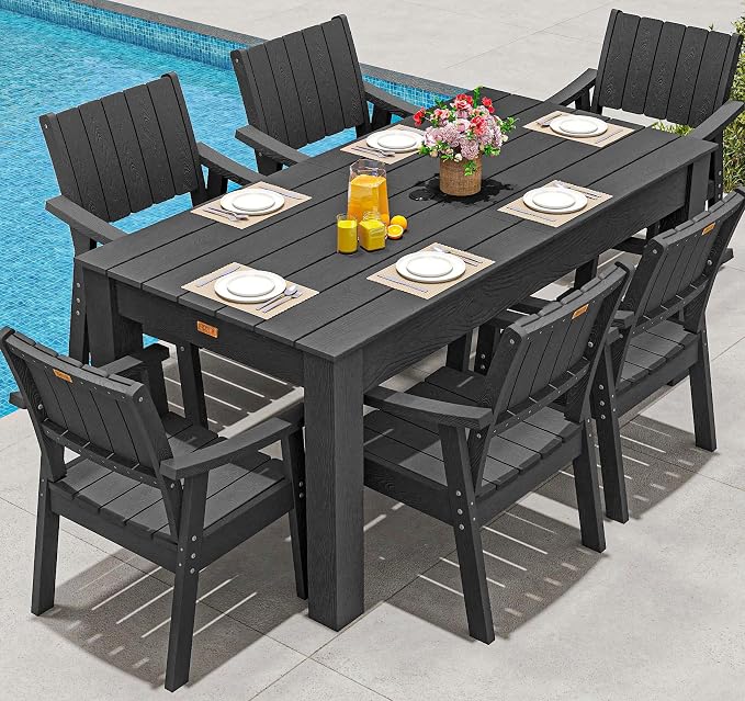ZHUSI Patio Table and Chairs Set, Outdoor Table and Chairs,HDPE Outdoor Dining Set with Umbrella Hole for Backyard, Poolside, Porch (Black, 7 PC) by ZHUSI