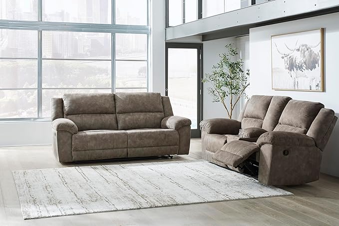Signature Design by Ashley Laresview Contemporary Faux Leather Manual Double Reclining Loveseat with Console, Storage and Cup Holders, Gray