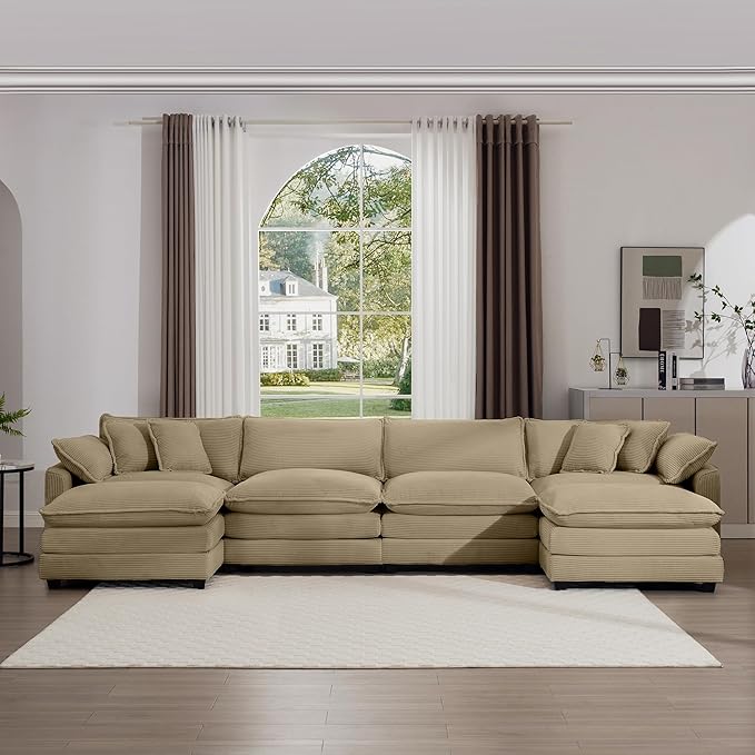 KEIKI 150" U-Shaped Oversized Corduroy Modular Sectional Sofa with 2 Ottoman, High-Density Foam Cushions, Removable Armrests, Upholstered 4-Seater Corner Couch with 6 Pillow, for Living Room, Tan