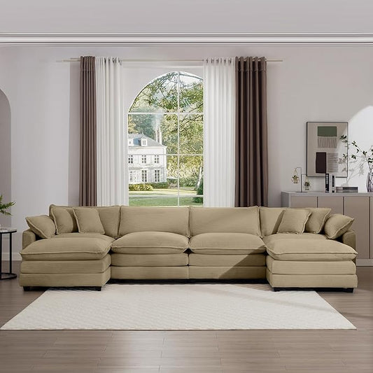 KEIKI 150" U-Shaped Oversized Corduroy Modular Sectional Sofa with 2 Ottoman, High-Density Foam Cushions, Removable Armrests, Upholstered 4-Seater Corner Couch with 6 Pillow, for Living Room, Tan