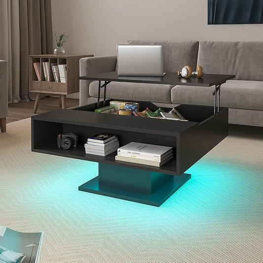 30.7" Lift Top Coffee Table with Storage, Square Black Led Coffee Table with Large Hidden Storage, Wood Living Room Table Led Center Table for Dining Reception Room