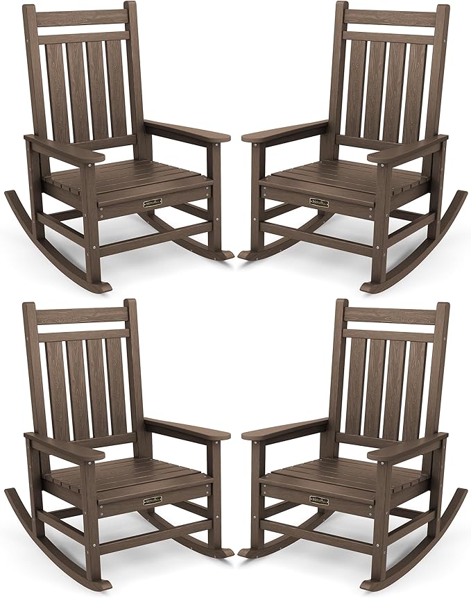 SERWALL Oversized Outdoor Rocking Chair Set of 4, HDPE Rocker for Adults, Patio Rocking Chairs for Porch, Coffee by SERWALL