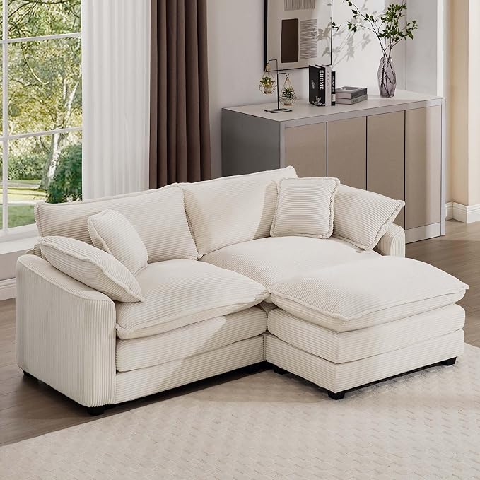 KEIKI 80" L-Shaped Oversized Corduroy Modular Sectional Loveseat Sofa with 1 Ottoman, High-Density Foam Cushions, Removable Armrests, Upholstered 2-Seater Couch with 4 Pillow, for Living Room, Beige