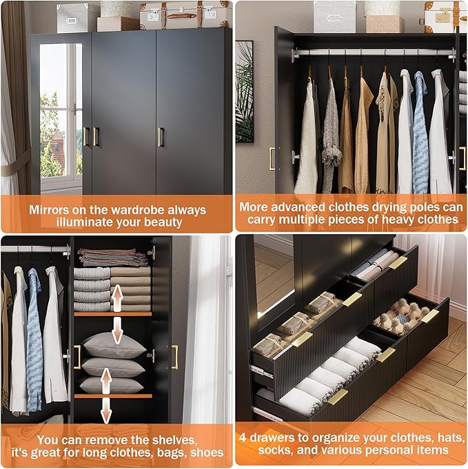 PAKASEPT Large Wardrobe Closet, Armoire Closet with Door and Mirror, LED Lights, Hanging Rod, Drawers, Armoires and Wardrobes for Bedroom (Black)