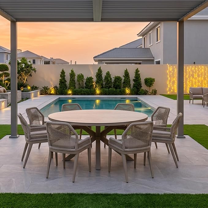 PURPLE LEAF 9 Pieces Round Dining Set Patio Aluminum Modern Round Table and Wicker Chairs with Cushions for Kitchen Backyard Garden Outdoor Furniture Sets, Champagne by PURPLELEAF