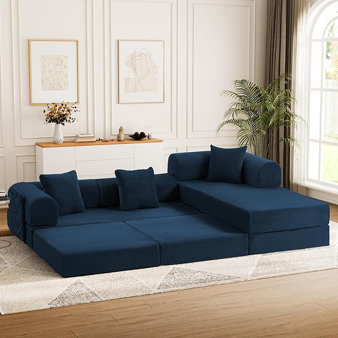 106.3" L Shape Convertible Sleeper Sofa Bed, Oversized Modular Sectional Cloud Sofa with Fixed-Shape Frame & Storage Pocket, Boneless Couch for Living Room, No Assembly Required, Blue