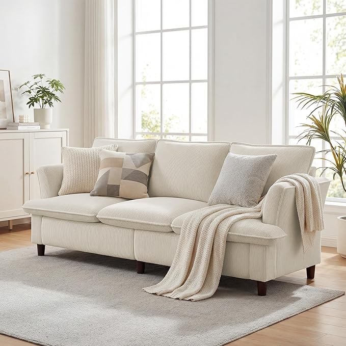 3 Seater Corduroy Couch, 89" Comfy Couch with Deep Seat, Modern Sofa Couch for Living Room, Office, Bedroom, Apartment (Pillows not Included) | Breathable material, Pet - friendly, Strong support