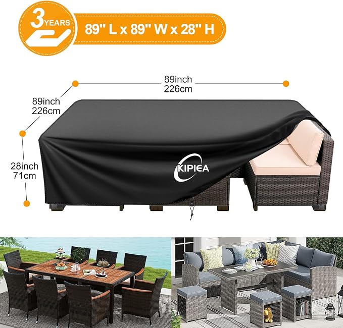 Kipiea Outdoor Furniture Covers Waterproof, 420D Heavy-Duty Patio Furniture Set Covers, No Tears Anti UV No Fading (89" L×89" W×28" H) - Image 2