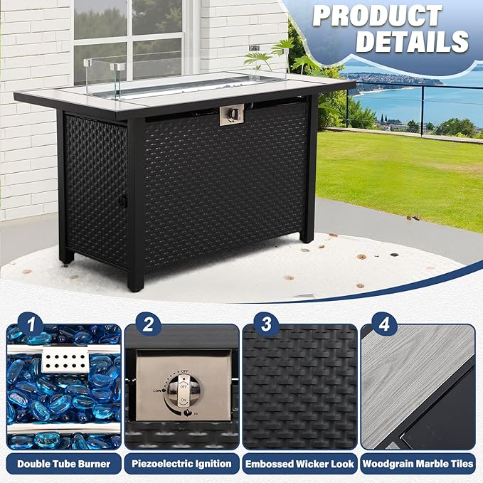 6-Piece Patio Furniture Set Outdoor Furniture Set with 45'' Propane Gas Fire Pit Table Outdoor Conversation Set Wicker Sofa Set Non-Slip Cushions Waterproof Covers, Navy Blue