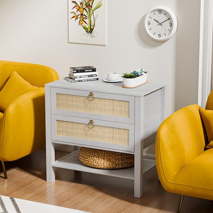 Rattan Nightstand with 2 Drawers and Storage Shelf, 26” Tall Boho Night Stand, Wood Large Bedside Table with Golden Handle for Bedroom, Side Table, White and Oak with Grey Wood Texture - Image 6