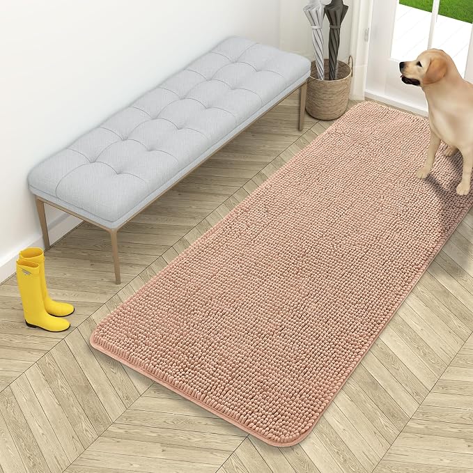 OLANLY Dog Door Mat for Muddy Paws 54x24, Absorbs Moisture and Dirt, Absorbent Non-Slip Washable Doormat, Quick Dry Chenille Mud Mat for Dogs, Entry Indoor Entryway Carpet for Inside Floor, Peach by OLANLY