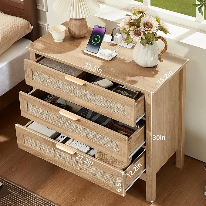 LEYAOYAO 31.5" Wide Rattan Nightstands Set of 2 with Charger Station, Large Boho 3 Drawer Night Stand, Natural Wood Bedside Table with Storage, Bed Side End Tables for Bedroom, Living Room, Hallway - Image 2