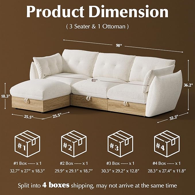 L Shaped Cloud Couch Sectional Modular Sofa with Storage, Cotton and Linen Fabrics Modern Oversized Deep Seat Sofa with Armrest Pillow, Easy Assembly for Living Room, Apartment, Ivory