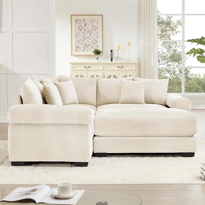 KEIKI 79" L-Shaped Oversized Corduroy Modular Cloud Sectional Sofa with 1 Ottoman, High-Density Foam Cushion, Extra-Thick Armrest, 3-Seater Fluffy Corner Couch with 10 Pillow, for Living Room, Beige