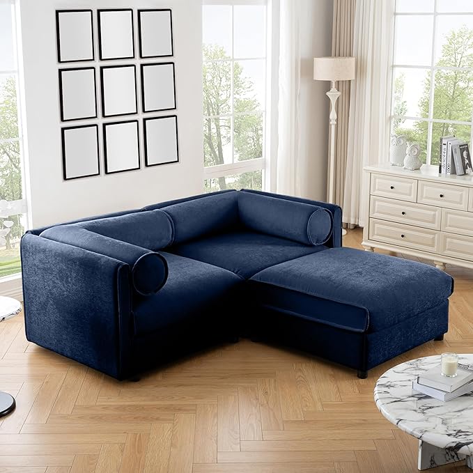 KEIKI 76" Modular Loveseat Chenille Sectional Sofa with Storage Seat and 1 Ottoman, Modern 2-Seater Couch with Cylindrical Backrest and Armrests, Easy Assembly, for Apartment, Living Room, Blue