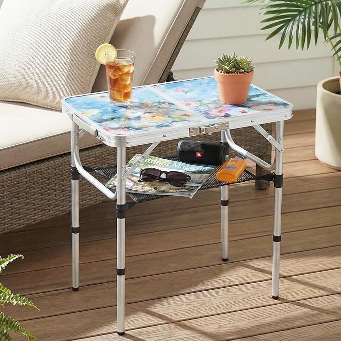 Outdoor Side Table, Portable 3 Adjustable Height Small Outdoor Folding Table, Aluminum Foldable Patio Side Tables for Outside Indoor, Plant Stand Coffee End Table for Garden, Balcony(Provence Dreams) - Image 6