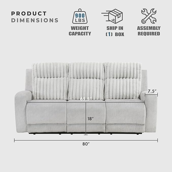 Lexicon Modern Double Recliner Couch, Manual Wall Hugger Textured Microfiber Reclining Sofa, Plush Corduroy Channel Seat Back, Manual Recliner Sofa, Light Gray