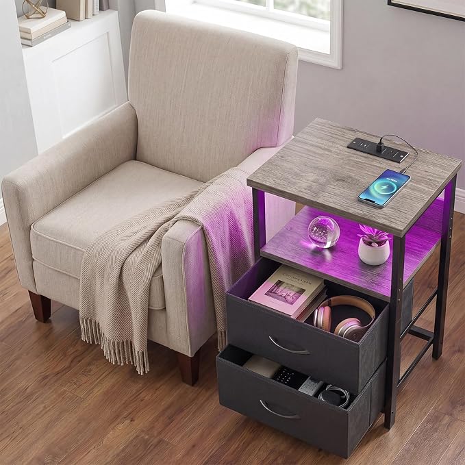 Fixwal Night Stand with Charging Station, LED Nightstand with U-S-B Ports and Outlets, 2 Fabric Storage Drawers with PU Finish, Bed Side Table, French Oak - Image 6