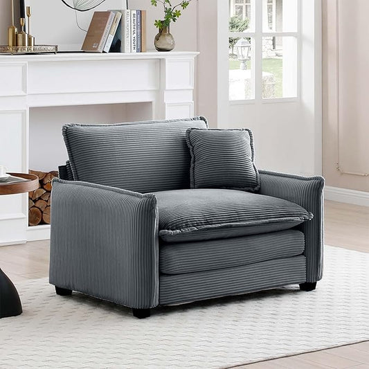 KEIKI 46" Oversized Corduroy Modular Sectional Single Sofa with High-Density Foam Cushions, Removable Armrests, Upholstered Retro 1-Seater Lounge Accent Chair with 1 Pillow, for Living Room, Grey