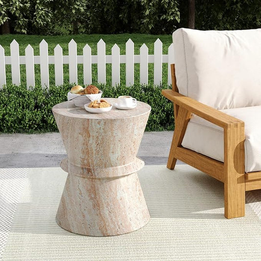 KEVINSPACE Small Side Coffee Table Outdoor MGO Round Travertine Finish Hourglass End Living Room Accent Sofa Bedside Couch Table Bedroom Apartment Indoor 15.5" W x18 H Lightweight Beige Concrete