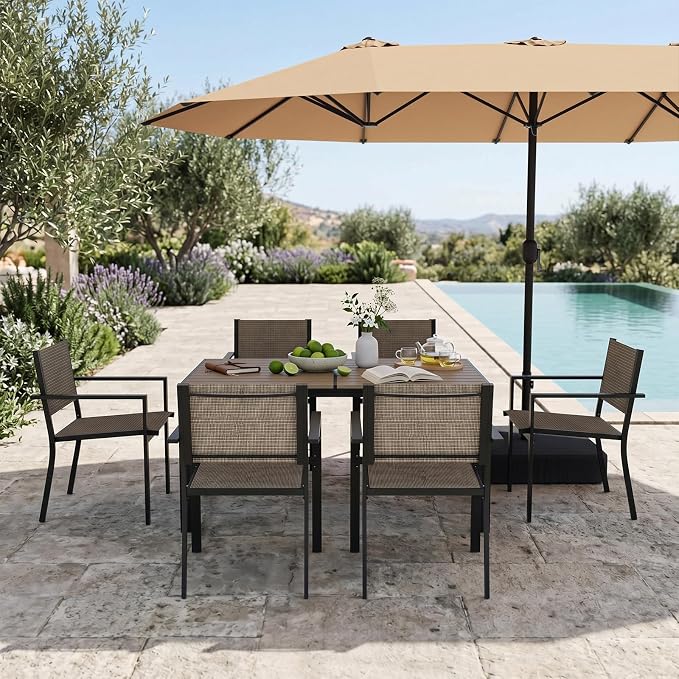 Aoxun 8-Piece Patio Table and Chairs Set & 15ft Patio Umbrella for 6, All Weather Outdoor Dining Set with 6 Textilene Chairs and 1 Rectangular Metal Table for Backyard, Garden, Brown/Beige by Aoxun