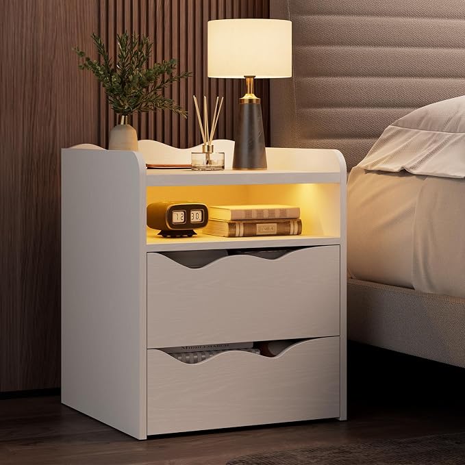 Nightstand with Wireless Charging Station, 12-RGB Color Night Stand with USB Ports and Type-C, 23.6" H Bedside Table with 1 Cabinet & Drawer, Small End Table for Bedroom (White) - Image 3