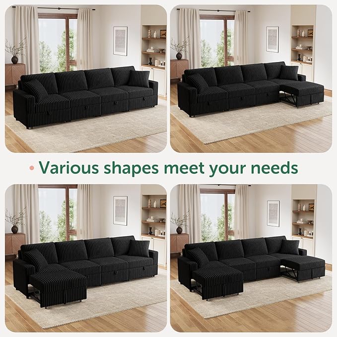 HONBAY 121.3 Inch Modular Sectional Sofa, L & U Shaped Pull Out Couch with Adjustable Backrest & Storage, Velvet Black