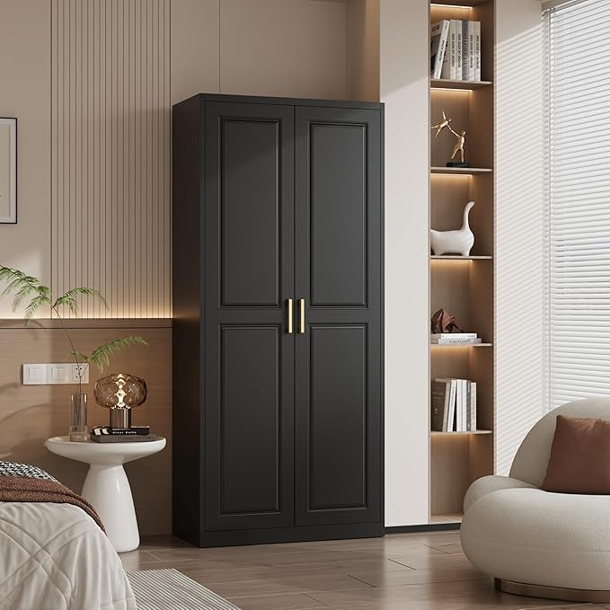 Polup Metal Armoire Wardrobe Closet with Hanging Rod, 71" Tall Wardrobe Cabinet for Clothes, Black Clothing Storage Cabinet with Doors and Shelves, Large Wardrobes for Bedroom, Office, School, Gym