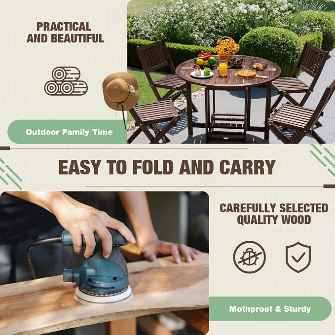 Devoko 5 PCS Patio Furniture, Patio Dining Set Acacia Wood Outdoor Table and Chairs, with 4 Folding Chairs and 37" Round Movable Table, Outdoor Dining Set for Lawn, Balcony, Garden (Deep Brown) - Image 6