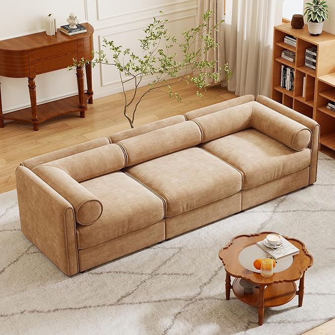 KEIKI 109" Oversized Modular Chenille Sectional Sofa with Storage Seat, Modern Style 3-Seater Couch with Cylindrical Backrest and Armrests, Easy Assembly, for Apartment, Living Room, Camel