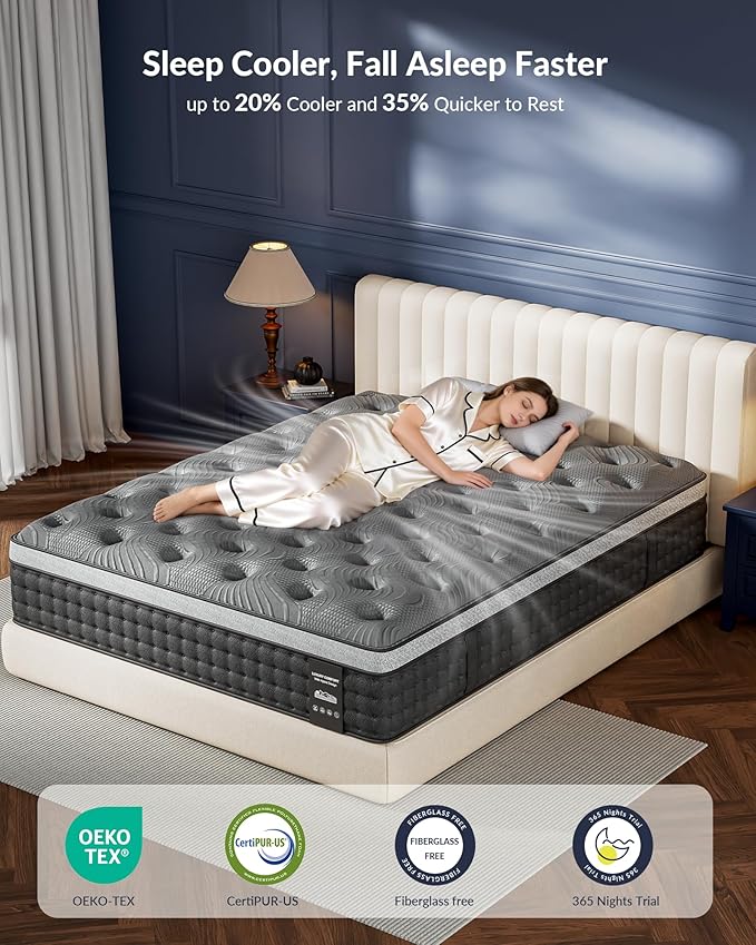 Extra Firm Queen Mattress 14 inch, Cooling Hybrid Mattress in a Box with 5-Zone Support, Luxury Hotel-Collection Design, Enhanced Back & Hip Support, Fiberglass-Free & CertiPUR-US, 365-Night Trial