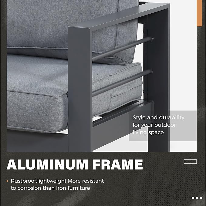 Solaste Outdoor Aluminum Furniture Set - 4 Pieces Patio Sectional Chat Sofa Conversation Set with Tempered Glass Table top Coffee Table,Grey