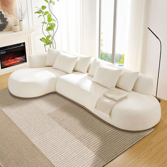 KEIKI 135" L-Shaped Oversized Boucle Sectional Sofa with Left Chaise, Modern 5-Seater Polyester Curved Couch with PU Leather Base & 6 Decorative Pillows, No Assembly Required, for Living Room, Beige