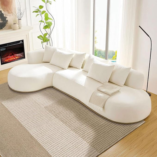 KEIKI 135" L-Shaped Oversized Boucle Sectional Sofa with Left Chaise, Modern 5-Seater Polyester Curved Couch with PU Leather Base & 6 Decorative Pillows, No Assembly Required, for Living Room, Beige