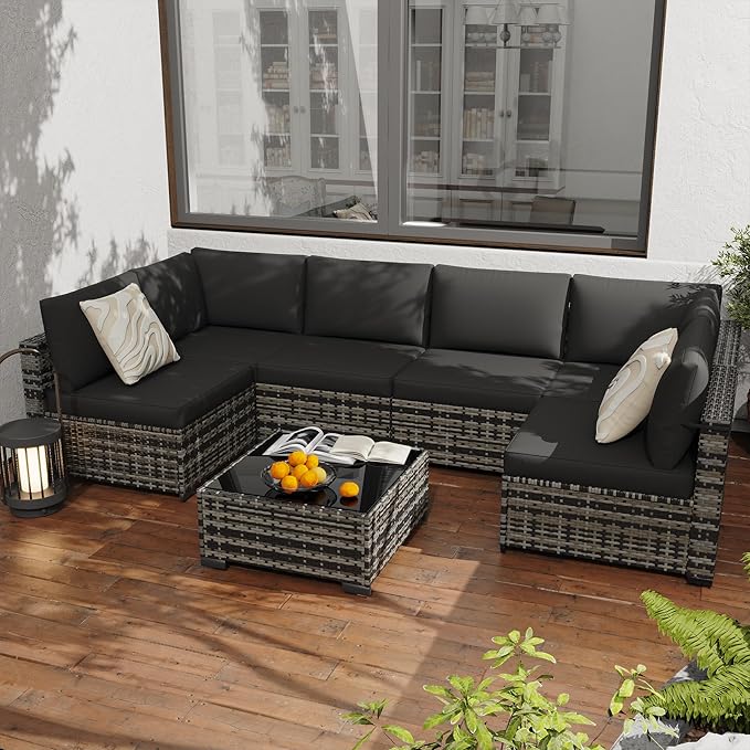 KIGOTY Patio Furniture Set,7 Pieces Modular Outdoor Sectional Sofa, PE Rattan Patio Conversation Set, All Weather Wicker Patio Furniture with Cushions and Coffee Table（Beige Black/Black）