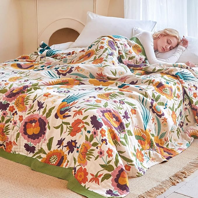 Boho Throw Blanket - 60"x80" 100% Cotton Ultra Soft Lightweight Blanket, 4-Layer Breathable Muslin Spring Blankets for Bed Couch, Reversible Green Floral Bird Printed Bohemian Cotton Quilt