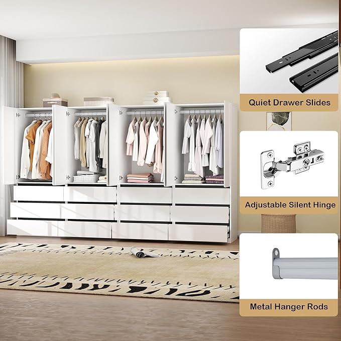 Large Wardrobe Closet with 8 Doors: 75" White Armoire with 12 Drawers, Wooden Wardrobe for Hanging Clothes, Tall Storage Cabinet with Shelves and Hanging Rod (B+B+B+B, 126")